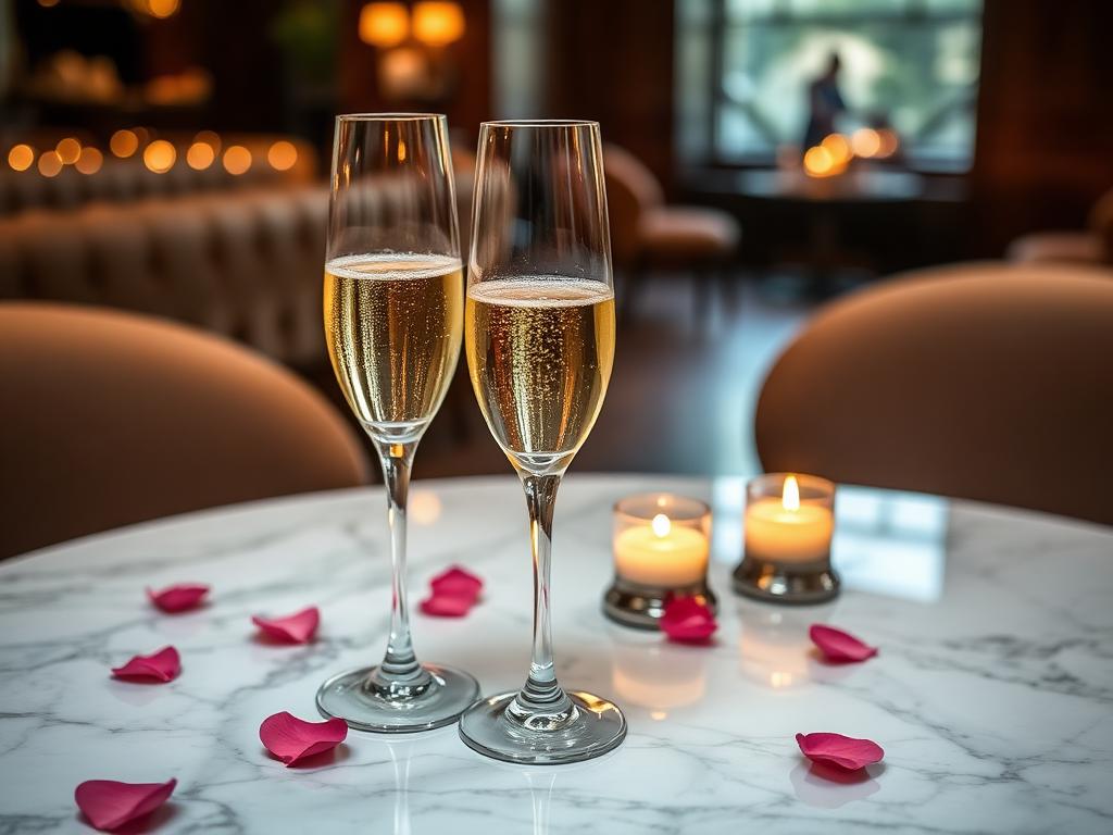 Elegant champagne flutes in candlelit setting