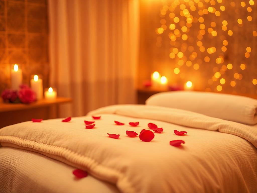 Soothing massage with candles and rose petals