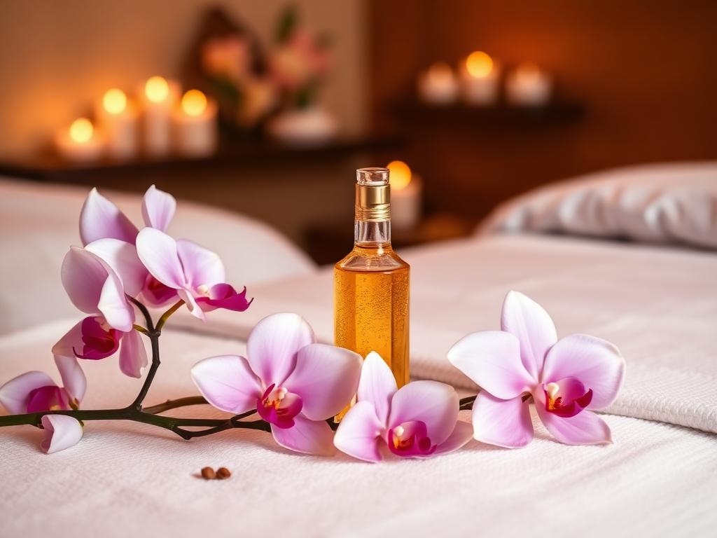 Nuru massage setup with gel, orchids, and warm candlelight